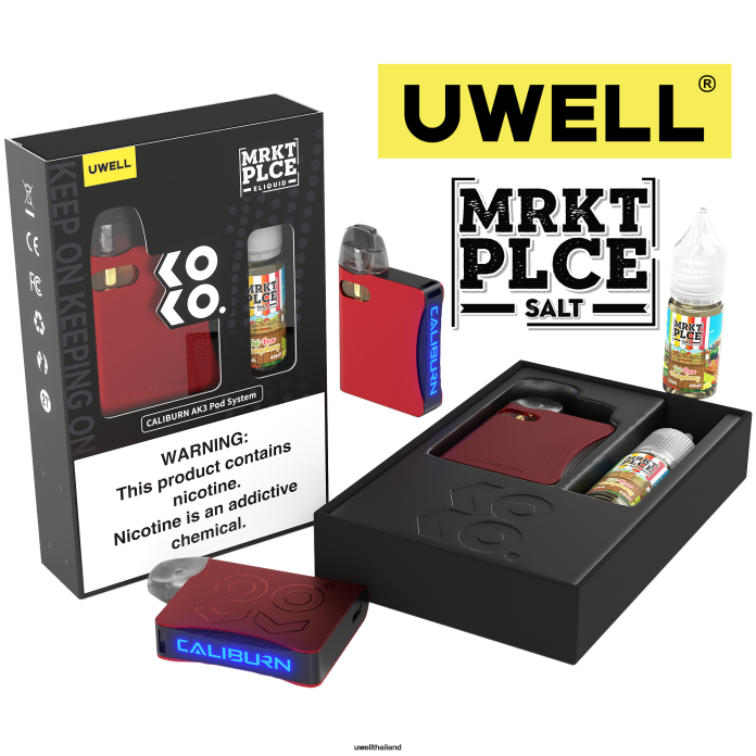 UWELL CALIBURN AK3 ชุด + a3s 0.8ohm พ็อด (x2) + daddy\'s vapour 10ml เกลือ 50 มก. VPTB240 crl: grey/flv: สตรอเบอร์รี่แตงโมเปรี้ยว 50มก - UWELL Vape Disposable