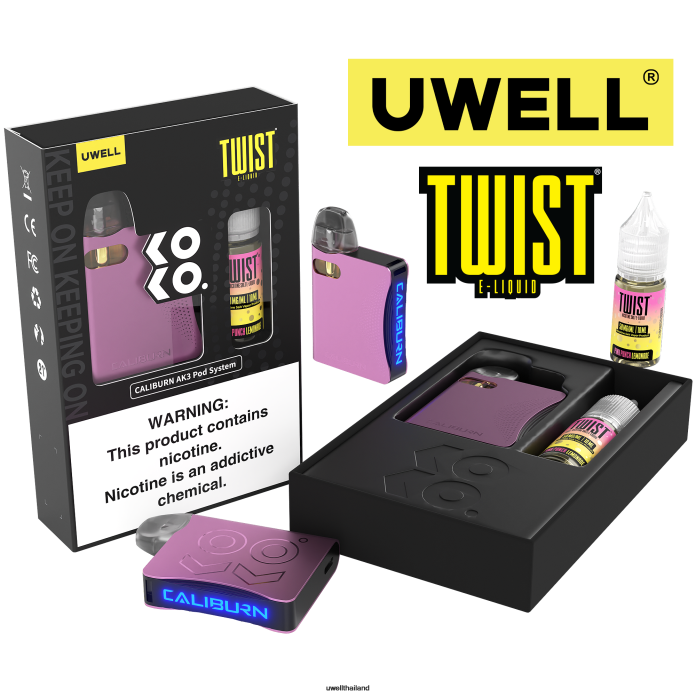 UWELL CALIBURN AK3 ชุด + a3s 0.8ohm พ็อด (x2) + daddy's vapour 10ml เกลือ 50 มก. VPTB241 crl: สีชมพู/flv: น้ำมะนาวพันช์สีชมพู 50มก - UWELL Vape Kit