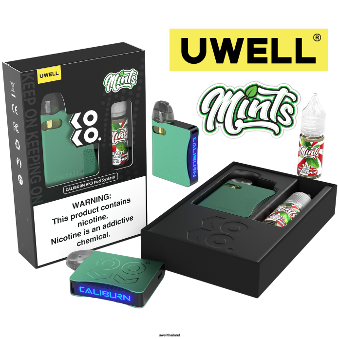 UWELL CALIBURN AK3 ชุด + a3s 0.8ohm พ็อด (x2) + daddy's vapour 10ml เกลือ 50 มก. VPTB242 crl: สีฟ้า/flv: เปปเปอร์มินต์ 50มก - UWELL Vape Flavours