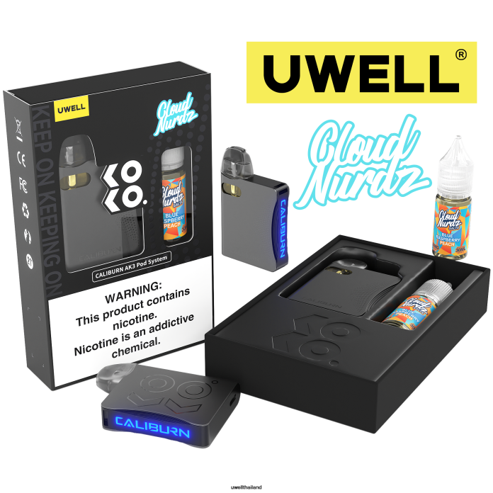 UWELL CALIBURN AK3 ชุด + a3s 0.8ohm พ็อด (x2) + daddy's vapour 10ml เกลือ 50 มก. VPTB247 crl: สีเทา/flv: สีฟ้า ราสเบอร์รี่ พีช - Best UWELL Vape Flavours