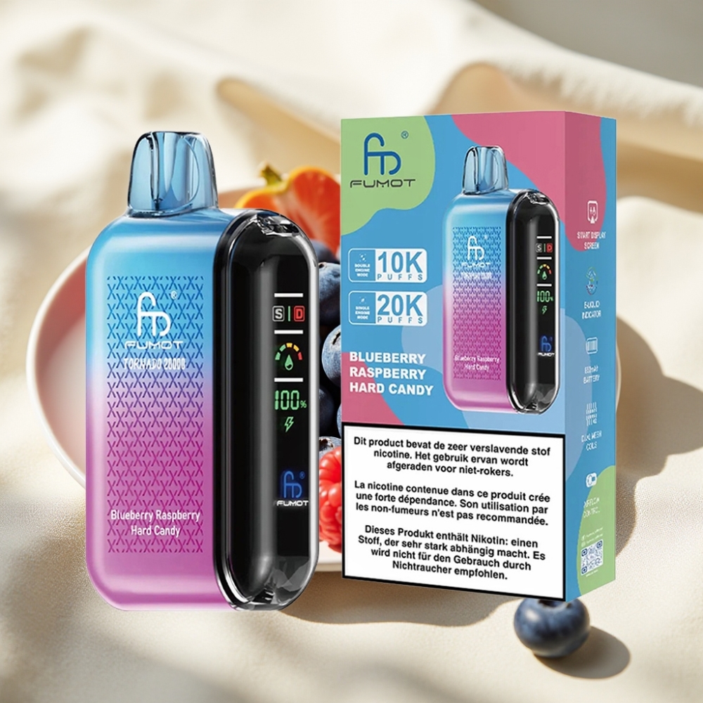 Fumot Tornado 20000 พัฟ Dual คอยล์ตาข่าย 20ml Blueberry Raspberry Hard Candy