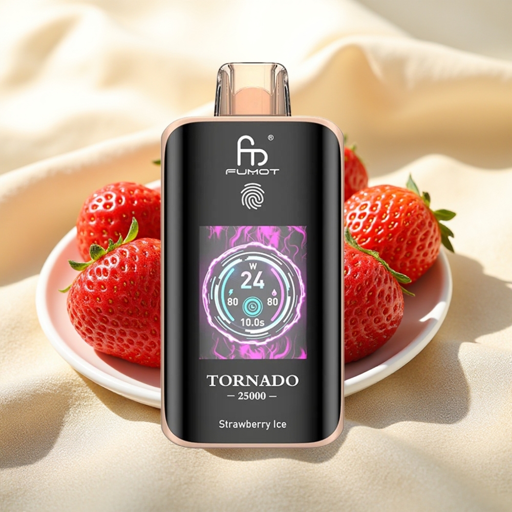 Fumot Tornado 25000 พัฟ สตรอเบอร์รี่ไอซ์ แบต 700mAh จอ HD นิโคติน 0/2%/3%/5%