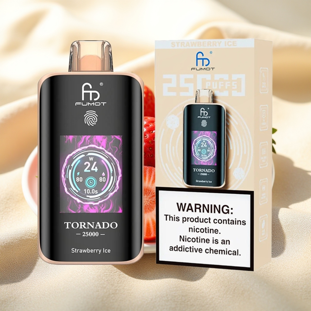 Fumot Tornado 25000 พัฟ สตรอเบอร์รี่ไอซ์ แบต 700mAh จอ HD นิโคติน 0/2%/3%/5%