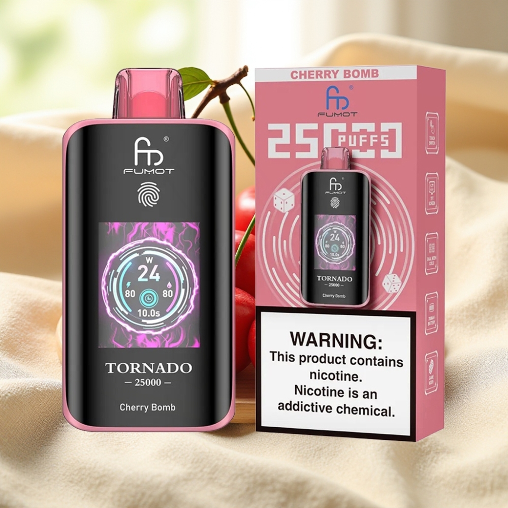 Fumot Tornado 25000 พัฟ หน้าจอ HD แบตเตอรี่ 700mAh เชอร์รี่บอมบ์ 0/2%/3%/5% นิโคติน