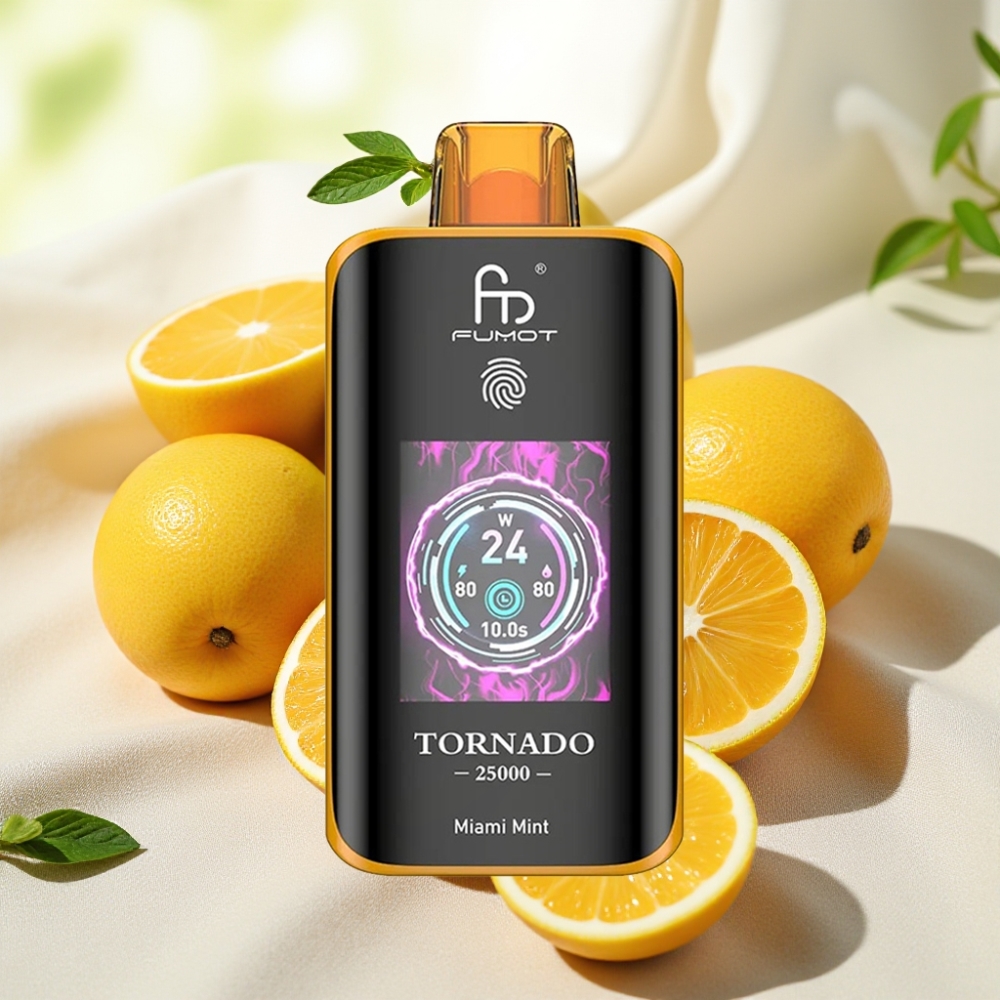 Fumot Tornado 25000 พัฟ Miami Mint หน้าจอ HD แบตเตอรี่ 700mAh นิโคติน 0/2%/3%/5%