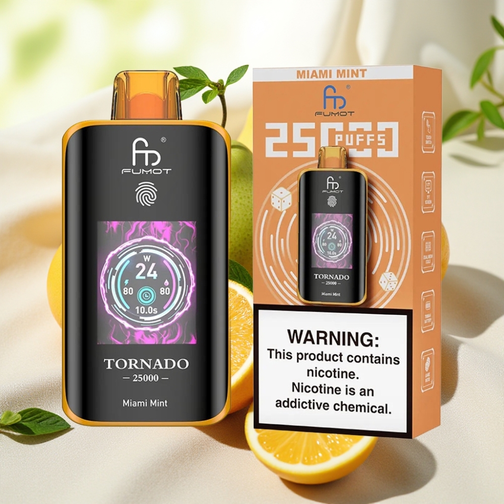 Fumot Tornado 25000 พัฟ Miami Mint หน้าจอ HD แบตเตอรี่ 700mAh นิโคติน 0/2%/3%/5%