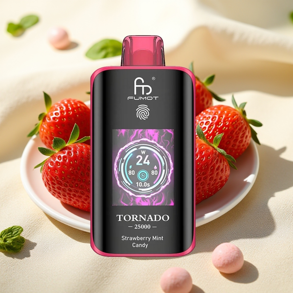 Fumot Tornado 25000 Puffs สตรอเบอร์รี่มินต์แคนดี้ หน้าจอ HD แบต 700mAh น้ำยา 20ml