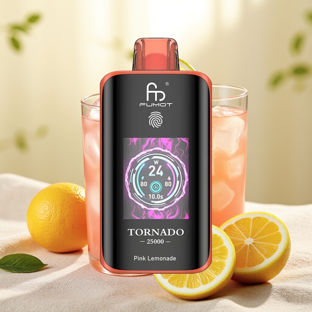 Fumot Tornado 25000 Puffs สีชมพูเลมอนเนด จอ HD แบต 700mAh Type-C