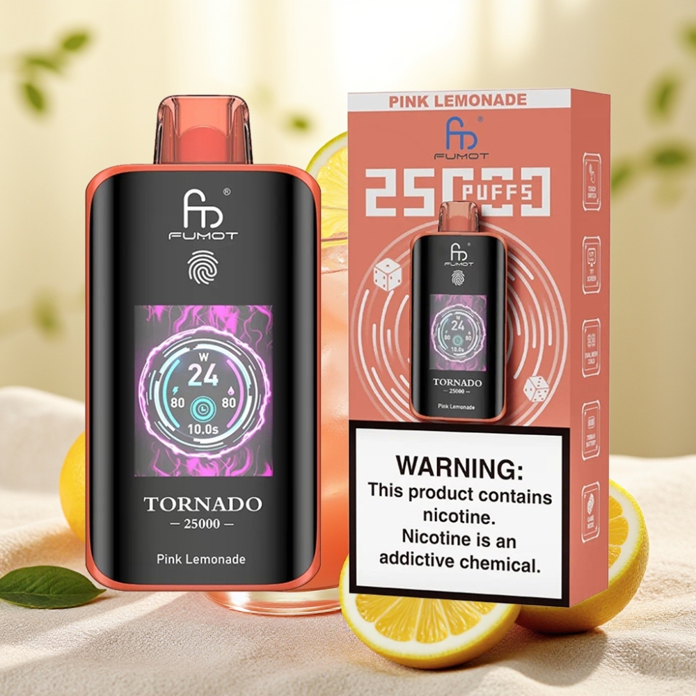 Fumot Tornado 25000 Puffs สีชมพูเลมอนเนด จอ HD แบต 700mAh Type-C