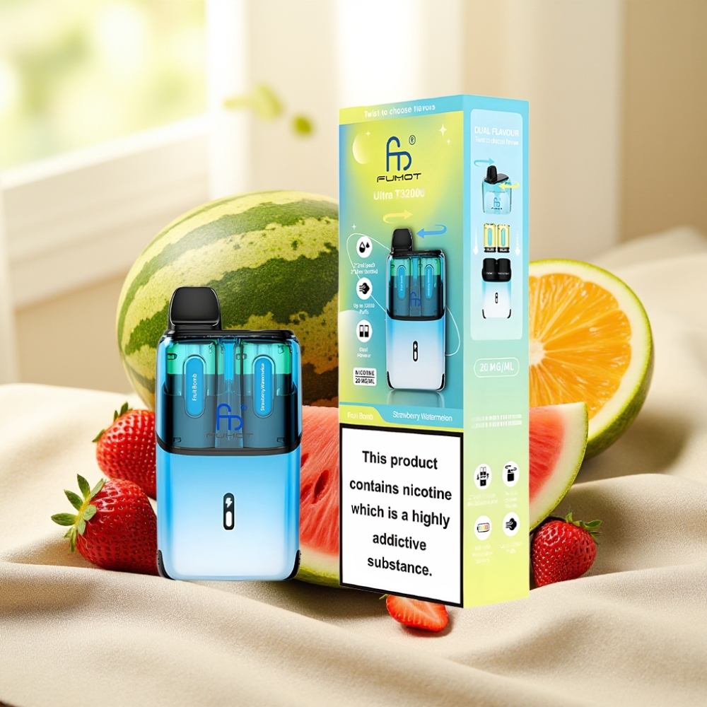 Fumot Ultra T32000 แบบใช้แล้วทิ้ง Vape Fruit Bomb - สตรอว์เบอร์รี่แตงโม พัฟ 32000 แบต 800mAh Type-C