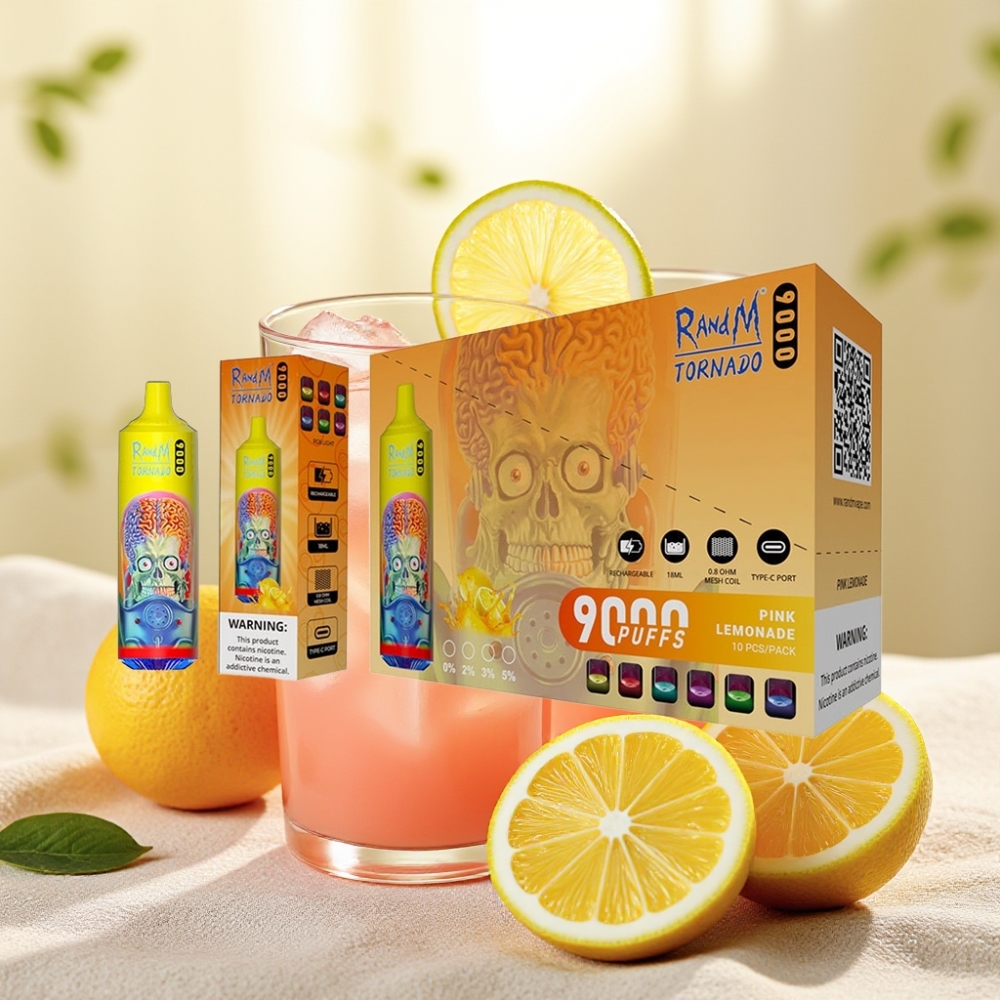RandM Tornado 9000 Puffs สีชมพูเลมอนเนด แบตเตอรี่ 850 mAh น้ำยาหอม 18 mL