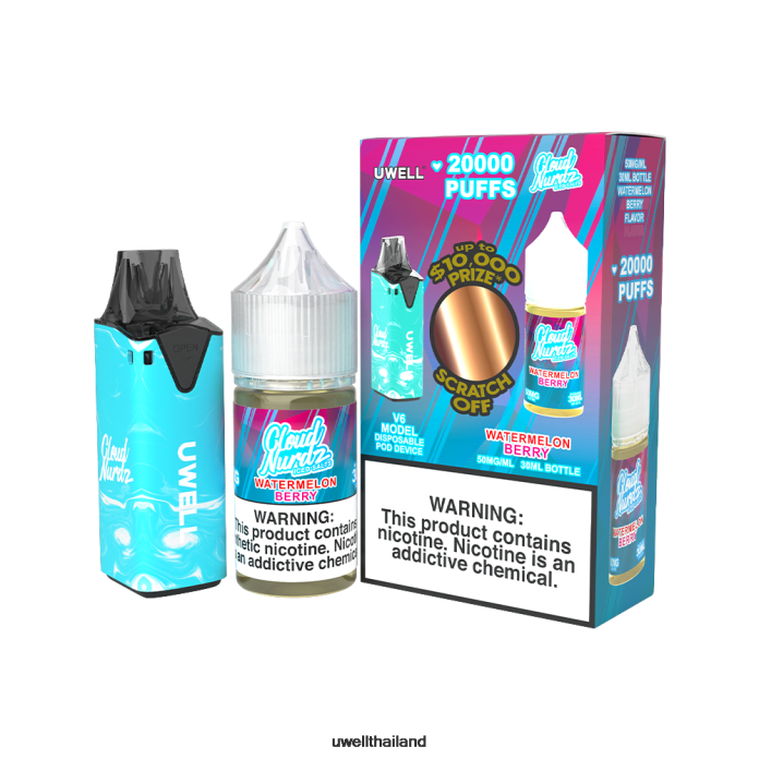 UWELL V6 อุปกรณ์ใช้แล้วทิ้ง + น้ำผลไม้ daddy\'s vapour 30ml - มัดรวม VPTB204 clr: สีฟ้า/flv: สตรอเบอร์รี่แตงโมเปรี้ยว 50มก - UWELL Disposable Vape
